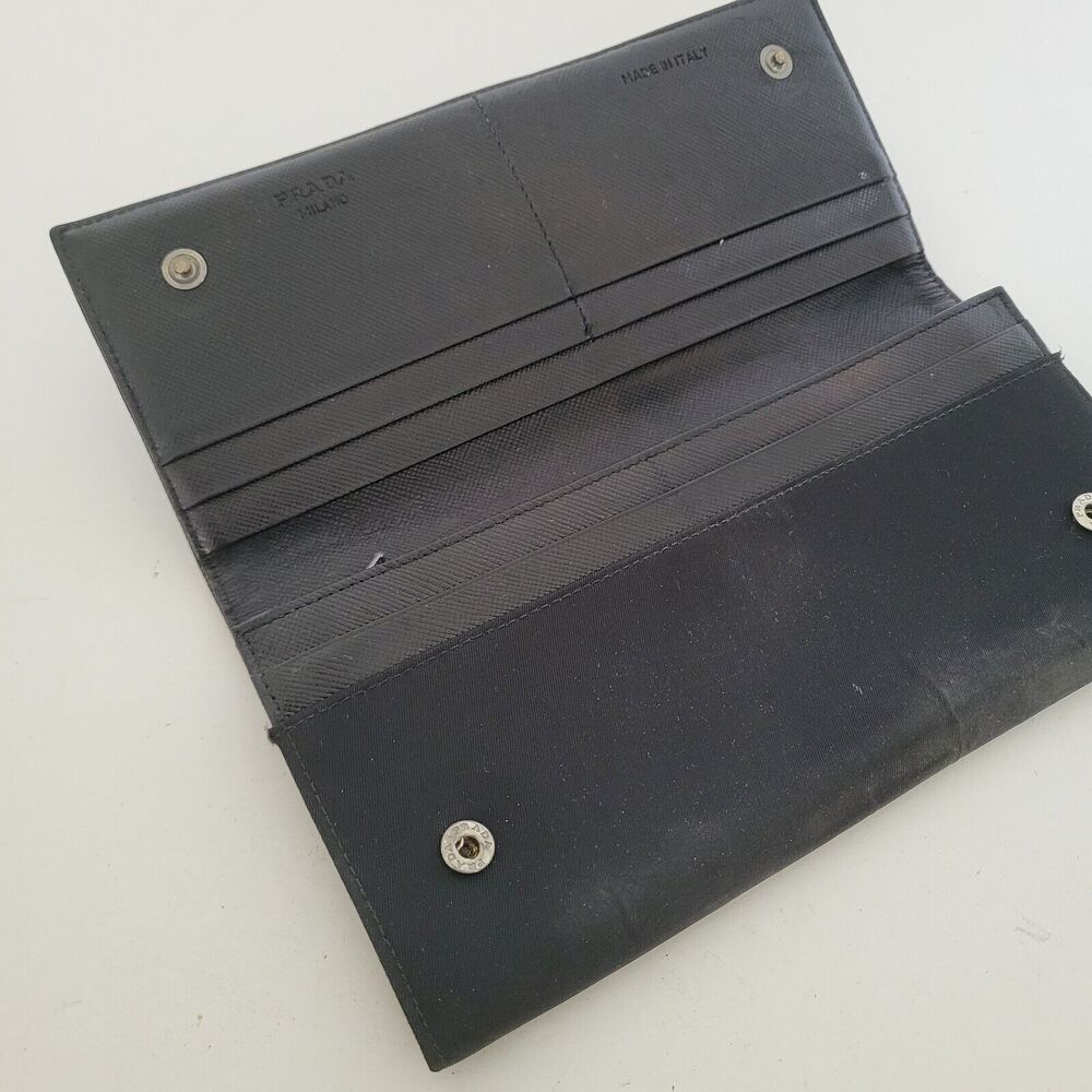 PRADA Vintage Tessuto Nero Black Nylon Leather Logo Plate Wallet Large Envelope - Picture 5 of 12